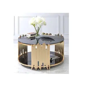 거실 용 골동품 원형 골드 컬러 사이드 테이블 스툴 검은 색 유리가있는 모던 사이드 테이블 스툴 독특한 엔드 테이블