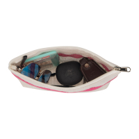 Pochette cosmétique en toile de jute avec fermeture éclair rayée, petite trousse de maquillage portable, organiseur de cosmétiques de style simple avec lettres