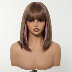Perruque synthétique sans colle Bethany-DWY de 12 pouces pour femmes, fabriquée à la machine, coupe courte bob droite, brun châtain avec reflets roses - Product Image 6