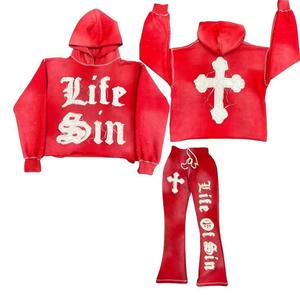Ensemble survêtement polaire hiver unisexe avec sweat à capuche et pantalon évasé, broderie personnalisée effet vieilli, délavage acide, style streetwear - Product Image 2