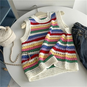 Korean Fashion <b>Crop</b> <b>Sweater</b> Women <b>Vest</b> Striped Casual <b>Sweater</b> <b>Vest</b> O Neck Open <b>Sweater</b> <b>Vest</b> For Women Luxury Designer Tops Knit - Product Image 2
