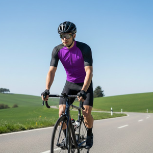 Maillot de cyclisme à manches raglan noir et violet à fort contraste, à fermeture éclair intégrale, best-seller - Product Image 2