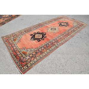 Alfombra de lana de estilo turco Vintage 5,2X11,5 pies naranja clásico con patrón de retazos geométricos con respaldo de látex para uso en la sala de estar - Product Image 2