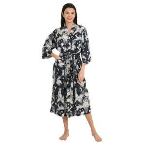 Boho Style Lightweight Cotton Kimono Indian Handprinted Jungle Print Pattern Luxury Summer <b>Beach</b> House <b>Robe</b> & Yacht Cover-Up - Product Image 1