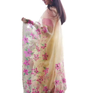Digital Printed <b>Organza</b> <b>Silk</b> Reception Wear Saree with Inner Blouse for Women Long Party Style Wedding Occasion Outfit India - Product Image 1