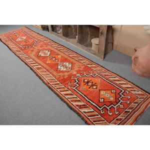 Tapis Vintage Turc Traditionnel Orange Beige 2,9 X 13,1ft Patchwork Design Laine Viscose Polyester Latex 10mm Rectangle Couloir - Product Image 3