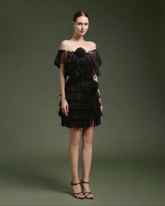 Vestido Negro de Tul con Volantes, Dulce para la Fiesta, Mini Vestido con Volantes en Capas y Detalles Florales en 3D que Capturan Todos los Ojos - Product Image 5