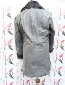 Women's Long <b>Fleece</b> <b>Lined</b> Denim <b>Jacket</b> Genuine Leather Overcoat with Faux Fur Collar and Button Winter Warm Trench Grey Colour - Product Image 2