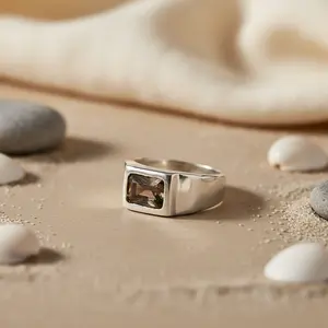 Men's Fashionable <b>Statement</b> <b>Ring</b> <b>Silver</b> Stainless Steel with Smoky Quartz Inlaid Natural Gemstones - Product Image 2