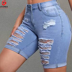 Shorts en jean pour femmes avec logo personnalisé, design d'été, denim pur en coton, délavé, style streetwear, shorts en jean - Product Image 6