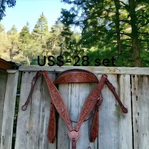 Western Horse Headstall and Breast Collar Set Cowhide Leather Brown SS Studded Floral Hand Tooling Design For Horse Riding