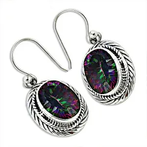 Boucles d'oreilles pendantes de luxe vintage tibétaines en argent pour femme avec pendentif ovale serti de strass en cristal, bijoux cadeau - Product Image 2