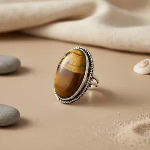Bague en argent 925 pour femmes, œil de tigre, plaqué rhodium, pierre précieuse ovale, motif géométrique, or jaune avec incrustation découpée pour les mariages - Product Image 1
