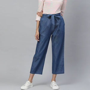 Culottes en jean bleu élégantes pour femmes, taille mi-haute, avec lien à nouer à la taille, confortables, décontractées, pour le quotidien, le bureau, les voyages - Product Image 1