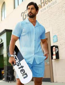 ชุดเซ็ตฤดูร้อนผู้ชาย 2 ชิ้น เสื้อเชิ้ตแขนสั้นติดกระดุมลำลองและกางเกงขาสั้น ระบายอากาศได้ดี คุณภาพพรีเมียม - Product Image 4