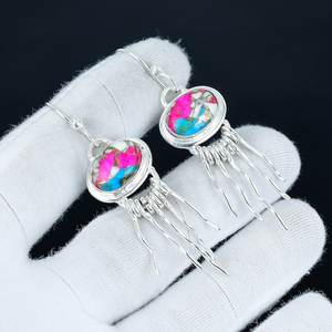 Boucles d'oreilles en pierre précieuse turquoise d'huître épineuse rose, argent sterling 925 plaqué or, bijoux faits à la main, cadeau pour femmes - Product Image 1