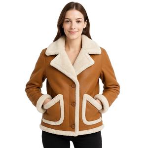 Blouson aviateur en cuir d'agneau véritable pour femme avec fausse fourrure tricotée, couleur et logo personnalisés - Product Image 1