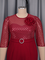 AJS060392 AOMEI Jumpsuit Wanita Ukuran Besar Warna Burgundy Berpayet Jala Lengan 3/4 Saku Bunga 3D Elegan Kaki Lebar untuk Pesta Liburan