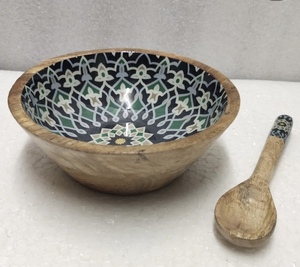 Bol de service en bois de mangue le plus vendu avec motif imprimé en émail, décoration d'intérieur, vaisselle, bol à salade et à mélanger - Product Image 2
