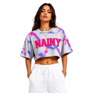 Camiseta Corta Oversize Personalizada para Mujer con Bordado Chenille, Ajuste Holgado, Estilo Urbano, Fabricante Mayorista - Product Image 1