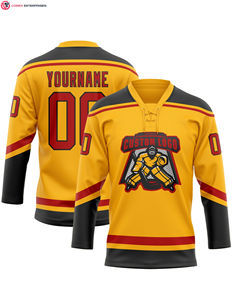 Maillot de hockey personnalisé 100% polyester or rouge-noir avec logo sur le devant col en dentelle Service OEM - Product Image 1