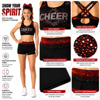 Ensemble de soutien-gorge de cheerleading personnalisé noir et rouge dégradé avec strass, multi-bretelles, dos en X, découpe goutte d'eau, pour entraînement