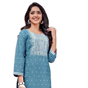 Viscose Rayon Print Embroidery Work Long <b>Kurtis</b> - Product Image 1