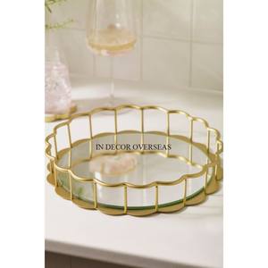 Bandeja para servir de forma redonda con espejo de la mejor calidad con marco de Metal resistente chapado en oro para restaurante y suministros para servir comida de Hotel - Product Image 1
