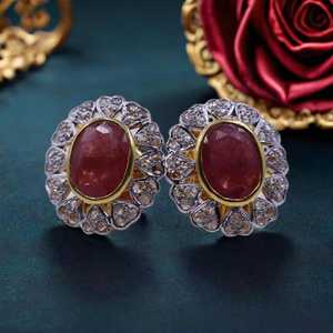 Boucles d'oreilles en or jaune massif 14 carats faites à la main véritable diamant taille rubis pierre précieuse motif floral à la mode conception de haute qualité pour - Product Image 1