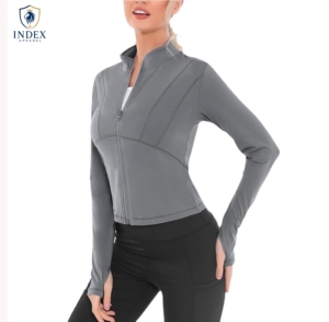 Veste de yoga zippée à manches longues pour femme INDEX APPAREL, couleur unie gris, respirante, coupe classique, vêtements de sport - Product Image 1