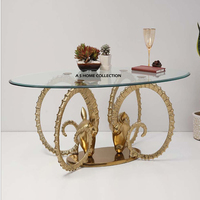 Table basse décorative pour la maison en métal de style floral et feuillu avec cadre doré et plateau en verre rond