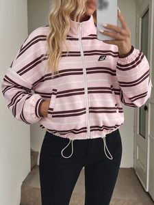 Custom Unisex Striped <b>Zip</b> <b>Up</b> <b>Jacket</b> Stand Collar Long Sleeve Casual Windbreaker Drawstring Hem Relaxed Fit Streetwear Hoodies - Product Image 3