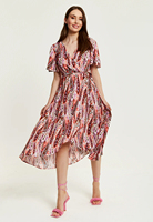 Robe mi-longue décontractée pour femme, taille empire, en viscose, imprimé floral cachemire, manches courtes, col en V, logo au dos, en mousseline, printemps-été