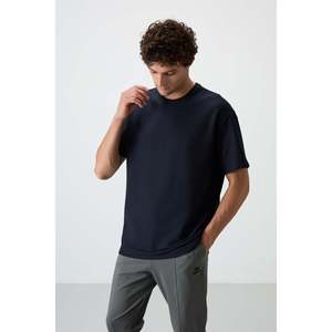 Navy Blue Oversize Fit Basic Men's <b>Waffle</b> Interlock Textured T-<b>Shirt</b> 100% Cotton-88379 - Product Image 3