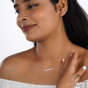 Collier en argent sterling 925 Silverings à motif géométrique, barre dorée avec zircon et alliage de zinc, idéal pour un cadeau - Product Image 2