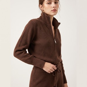 Conjunto de punto acanalado: Cárdigan con cremallera y cuello alto, pantalones acanalados de pierna ancha con cintura con cordón; Talla única, compatible con tallas 38-44 - Product Image 3