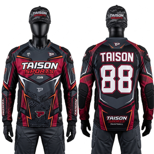 Camiseta de paintball para hombre, 180 GSM, poliéster transpirable, diseño con paneles acolchados de malla, estampado por sublimación en rojo y negro, logotipo personalizado - Product Image 1