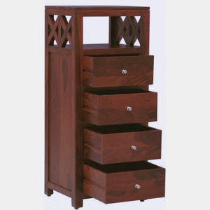 Reddish Brown 4-Drawer Tall Solid <b>Wood</b> Cabinet for Home Living Room Hospital or Farmhouse with Open <b>Shelf</b> Carved Detailing - Product Image 3