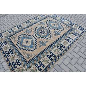 Étnico 5,7 X 7.6ft Azul Beige Lana Poliéster Alfombra turca Hecho a mano Clásico Rectángulo Patchwork Diseño Respaldo de látex para la vida - Product Image 2