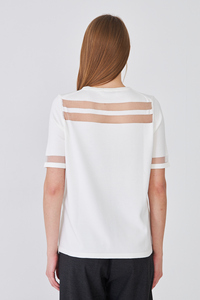 Blusa de manga corta con cuello redondo y patchwork de malla para mujer - Product Image 4