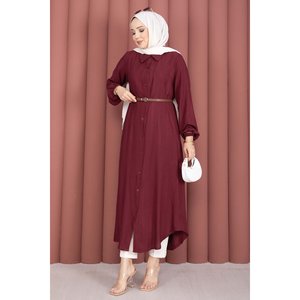 Túnica holgada con botones color borgoña, blusa de seda para mujer con logo bordado, apta para oficina, tallas XS-XL - Product Image 3