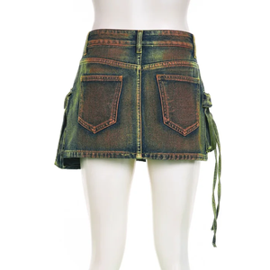 Ensemble 2 pièces tendance vintage en jean, crop top et jupe, décontracté, sexy, mignon, sans bretelles, avec strass, imprimé délavé, coupe skinny, style Y2K pour l'été - Product Image 2