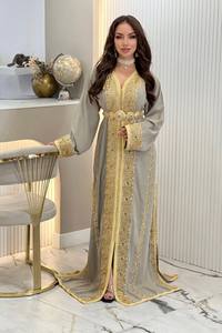 Luxurious Satin Moroccan Kaftan Floral Print Anti-Wrinkle & Breathable Natural Waistline Floor-Length Party Dress <b>Women</b> - Product Image 3