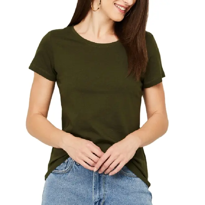 Kaus wanita lengan pendek, Kaus katun 100% lengan pendek leher O nyaman wanita kustom mode baru