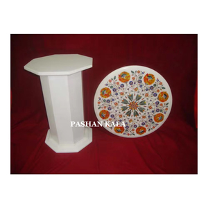 Beautiful Handmade <b>White</b> Marble Inlaid Round Shape Table Top - Product Image 4