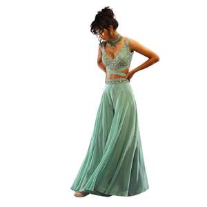 Top corto y palazo verde marino con correas envolventes, venta al por mayor de Ropa Étnica para mujer, ropa OEM, proveedor de fábrica, atuendo personalizado - Product Image 2