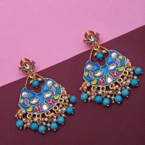 Kriaa Blue Meenakari & Beads Kundan Dangle Boucles d'oreilles Fine 1314217A Jewelry - Product Image 1