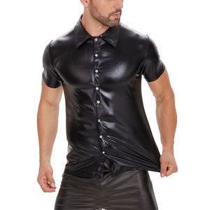 Chemise décontractée à manches courtes en cuir coupe-vent pour homme, fermeture à boutons personnalisée et design de logo - Product Image 3