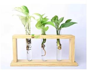 Terrarium de plantes avec support en bois Jardinière en verre suspendue avec tube à essai Vase en verre en bois de qualité supérieure élégant pour une utilisation sur table - Product Image 1