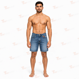 Shorts en jean pour homme, coupe droite, taille mi-haute, délavé clair, style décontracté d'été, en tissu de coton tissé - Product Image 2